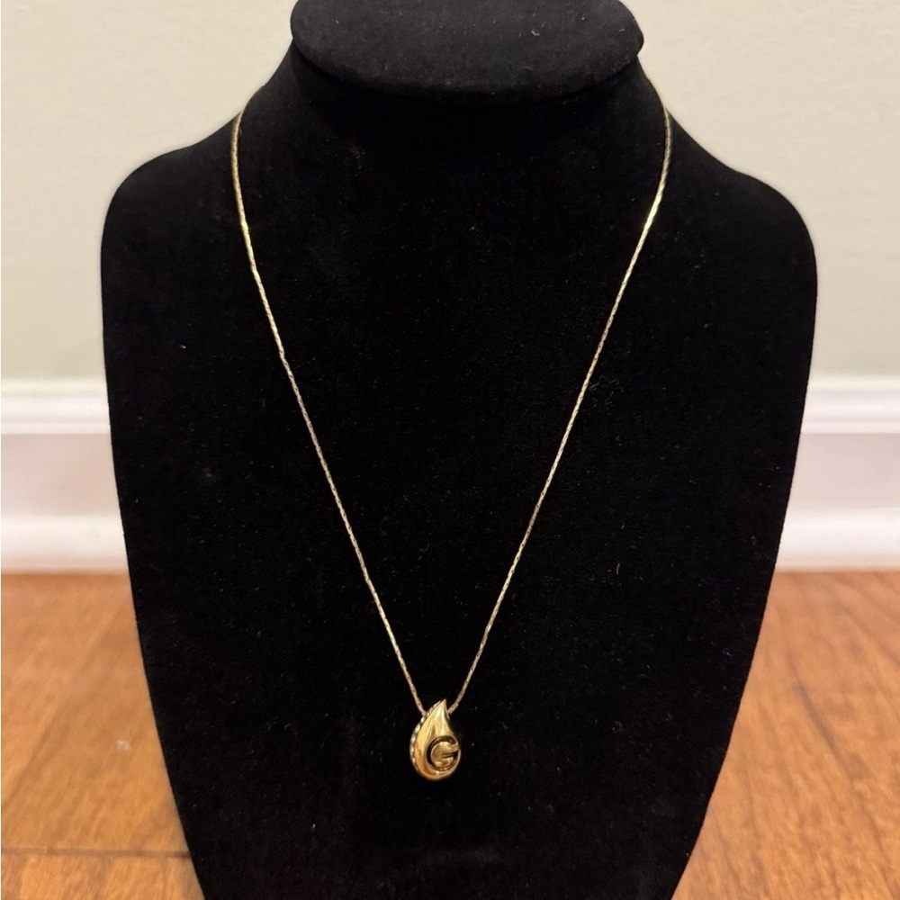Givenchy Vintage Logo G Teardrop Crystal Pendant Necklace Gold Signed Authentic
